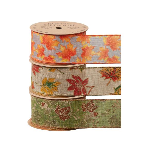 Leaf Pattern Ribbon Harvest Hues Autumnal Leaf Wire Edged Ribbon - 60mm x 10m