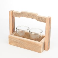 Wooden Handled Crate with 2 Glass Votives